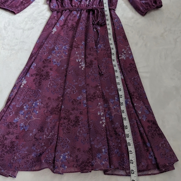 Vintage 70's Purple Flowy Floral Bib Cottage Core Midi Amy-Deb Dress Made in USA - Picture 14 of 16